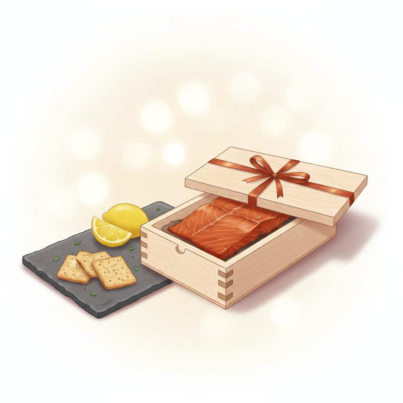 Representative smoked salmon fillet in a wooden gift box with cedar accents
