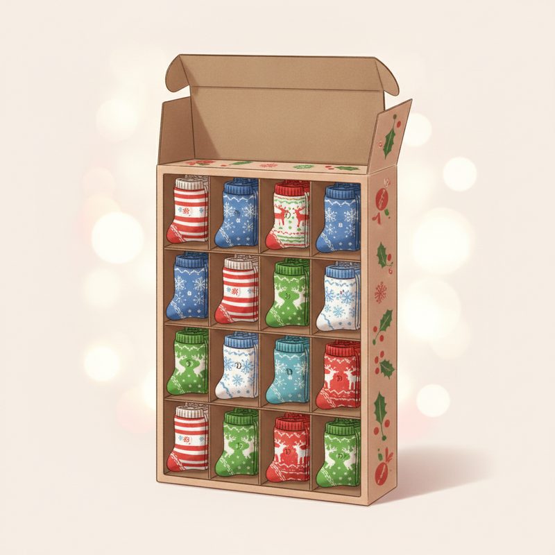 Representative countdown box with folded colourful holiday socks peeking from open flaps