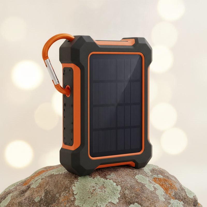 Representative rugged power bank with a solar panel resting on a trail rock
