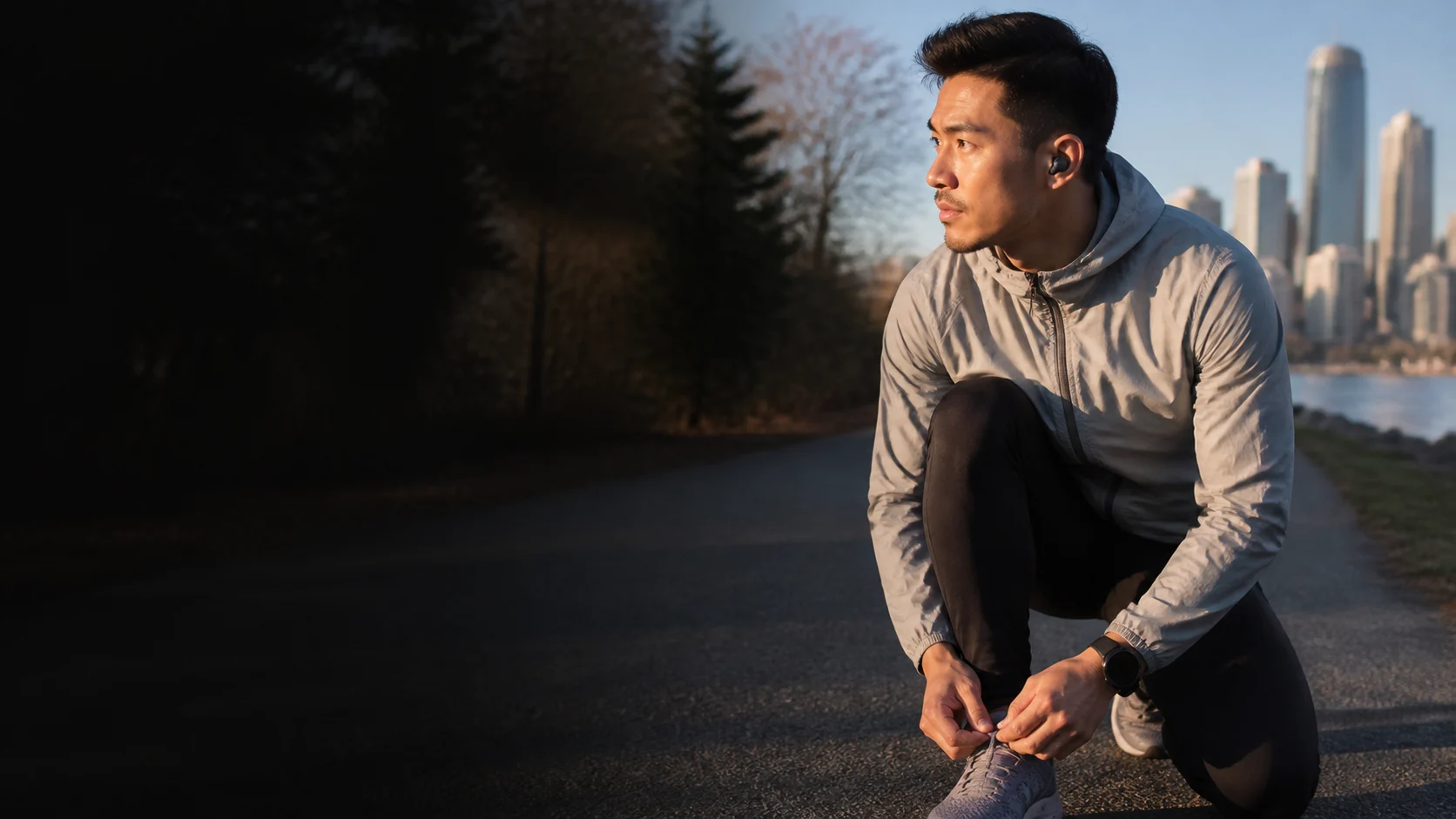 Representative runner wearing secure-fit wireless earbuds
