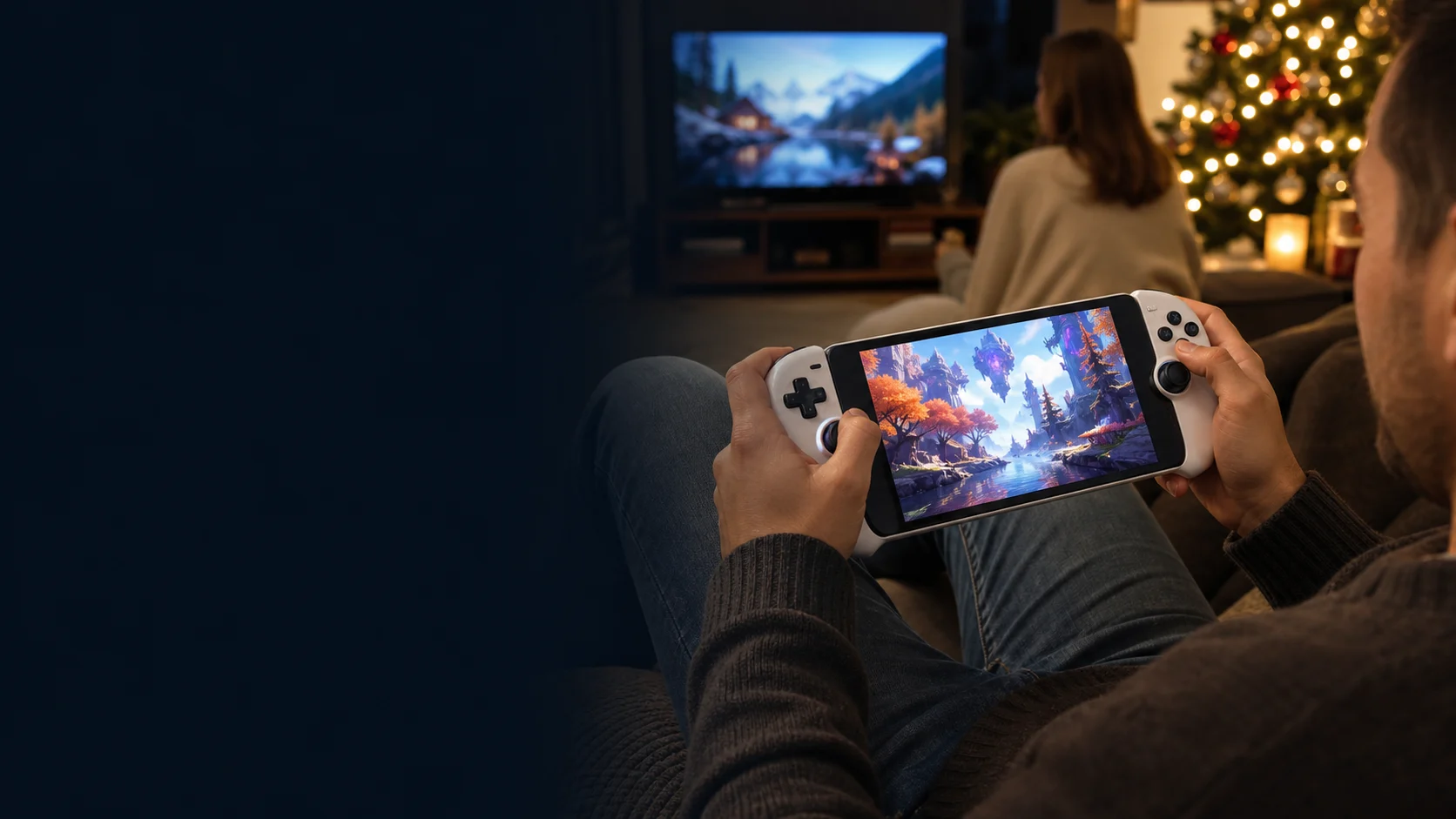Representative player using a generic streaming handheld while another person watches television