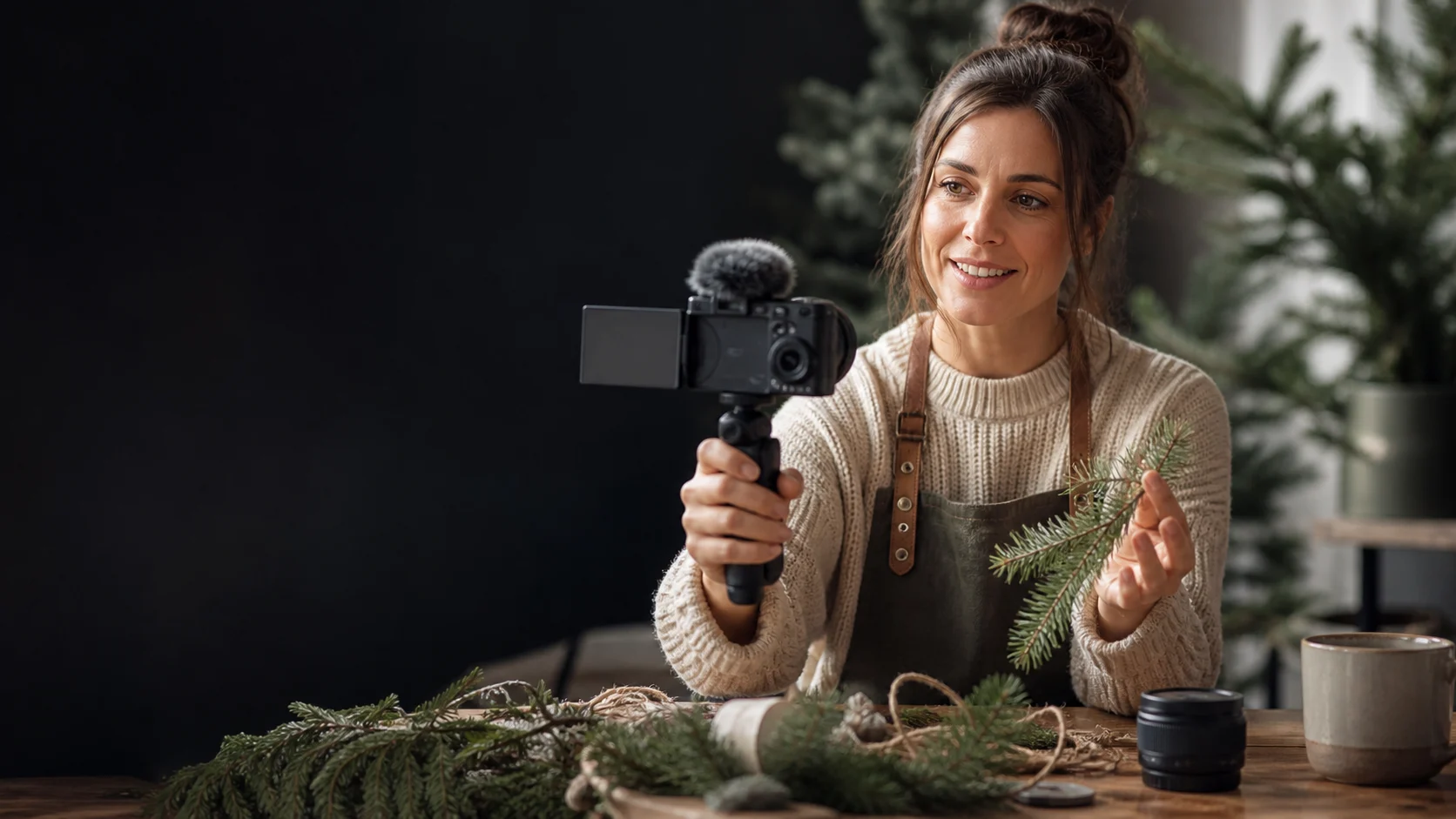 Representative creator filming a craft tutorial with a generic mirrorless camera and compact zoom lens