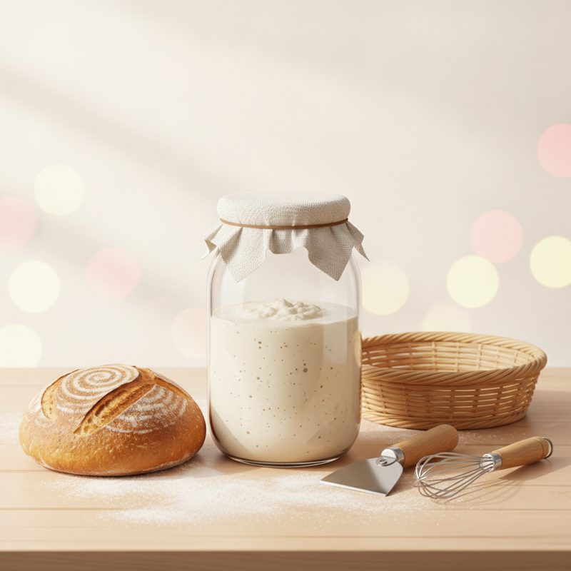 Representative sourdough starter kit with a glass jar, cloth cover, and baking tools