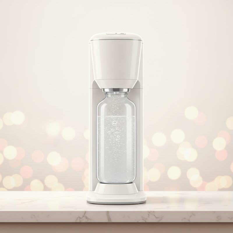 Representative sparkling water maker carbonating a bottle on a counter