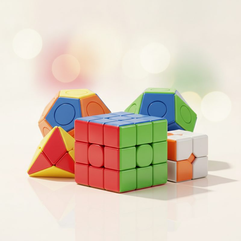 Representative set of colourful speed puzzle cubes in different shapes