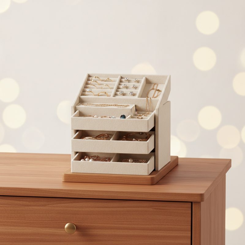 Representative stacked velvet-lined jewelry trays holding rings and necklaces on a dresser