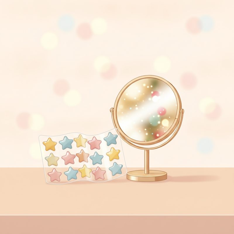 Representative sheet of colourful star-shaped face stickers beside a mirror