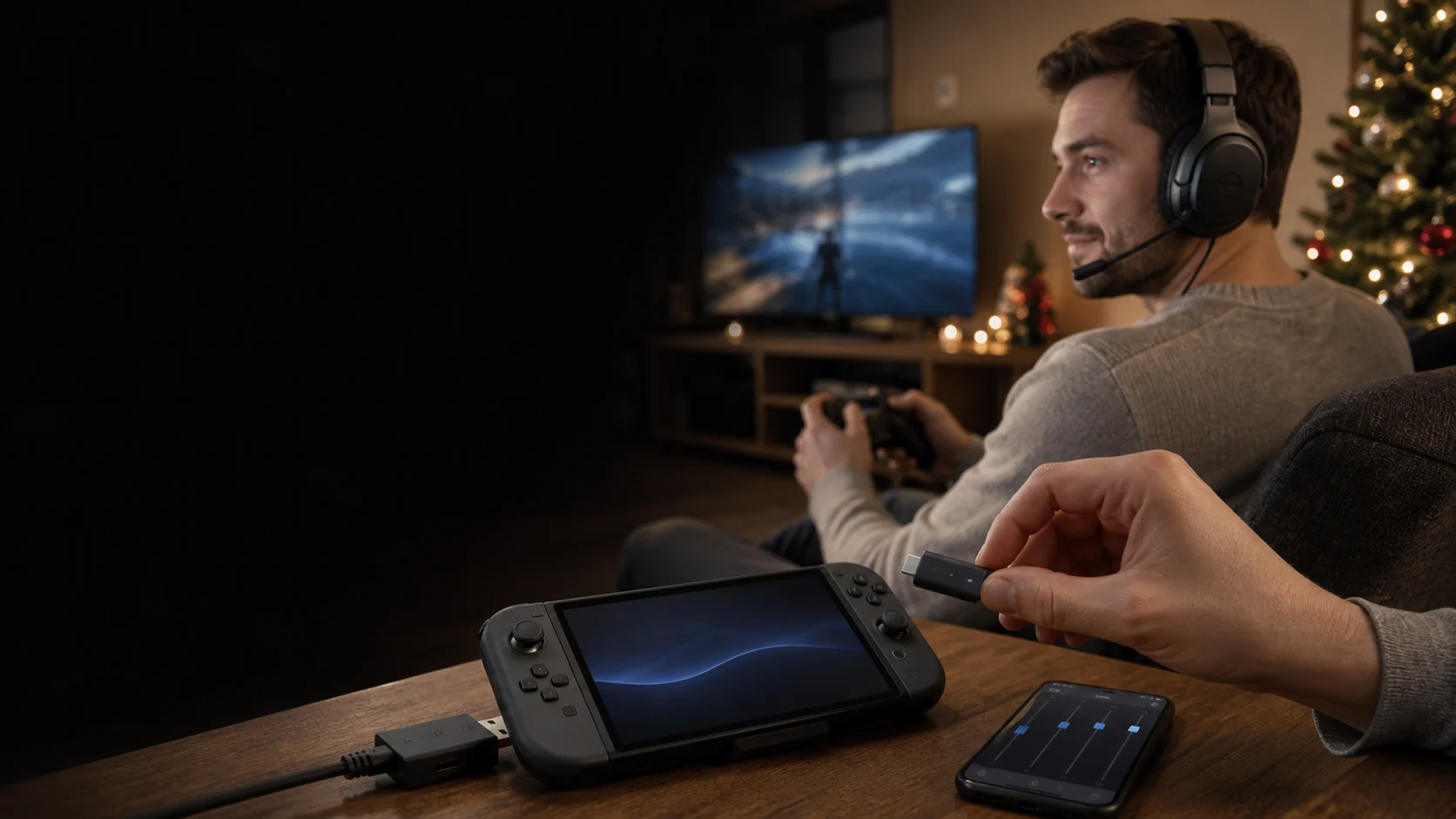 Representative gamer moving a generic wireless headset dongle between gaming devices