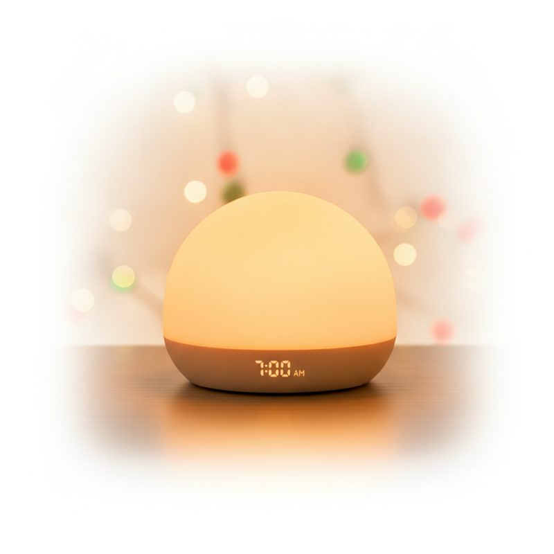 Representative sunrise alarm clock glowing amber on a bedside table at dawn
