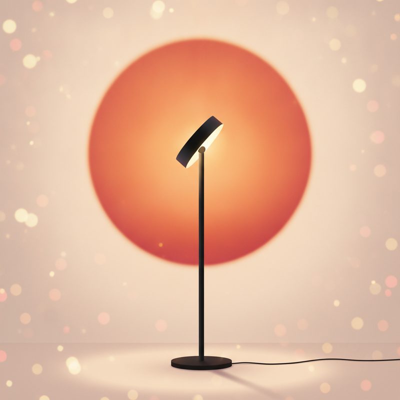 Representative sunset lamp casting a warm orange circle of light on a bedroom wall