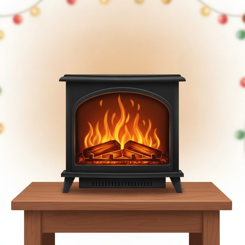 Representative small tabletop electric fireplace glowing on a console table