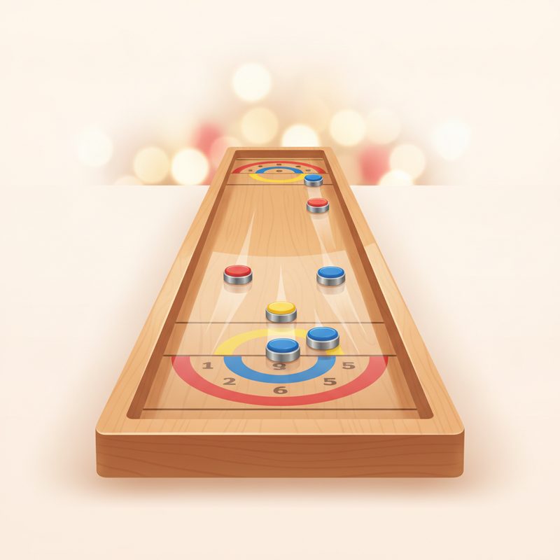 Representative mini tabletop shuffleboard with sliding pucks on a wooden lane