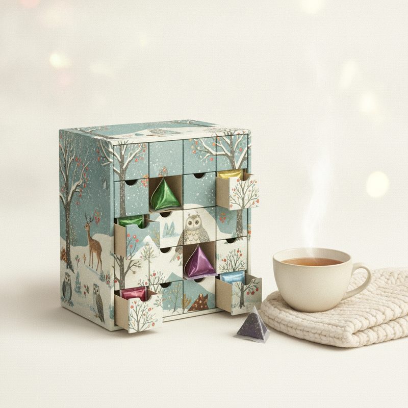 Representative wintry box with tiny drawers of tea sachets next to a cozy teacup