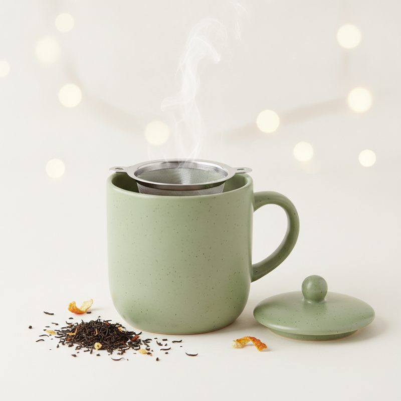 Representative ceramic mug with a steeping basket and lid, steam rising, loose tea nearby