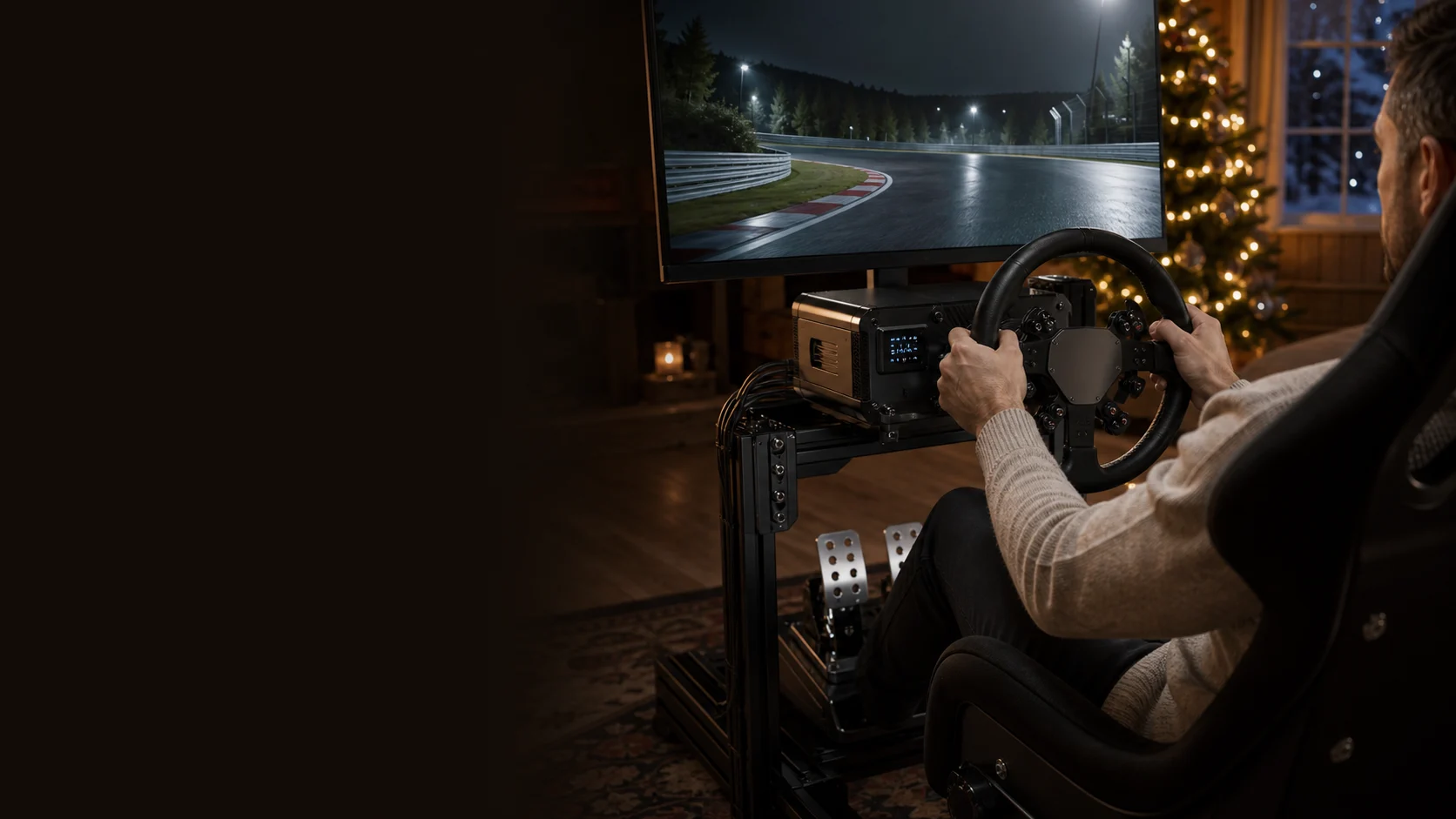 Representative driver using a generic direct-drive racing wheel mounted to a rigid cockpit