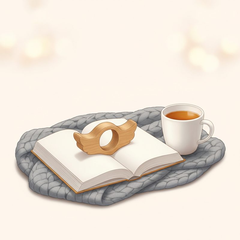 Representative wooden thumb ring page holder keeping a paperback open on a blanket