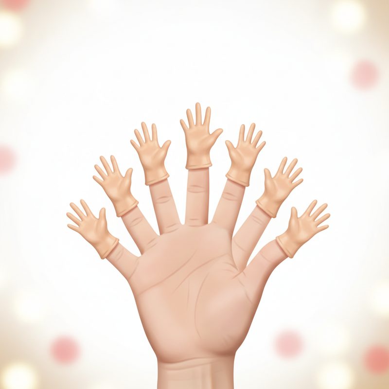 Representative cluster of miniature rubber hands perched on raised fingertips