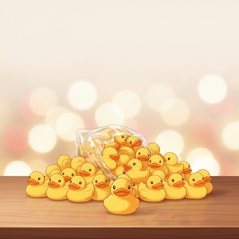 Representative pile of tiny yellow rubber ducks spilling from a gift bag