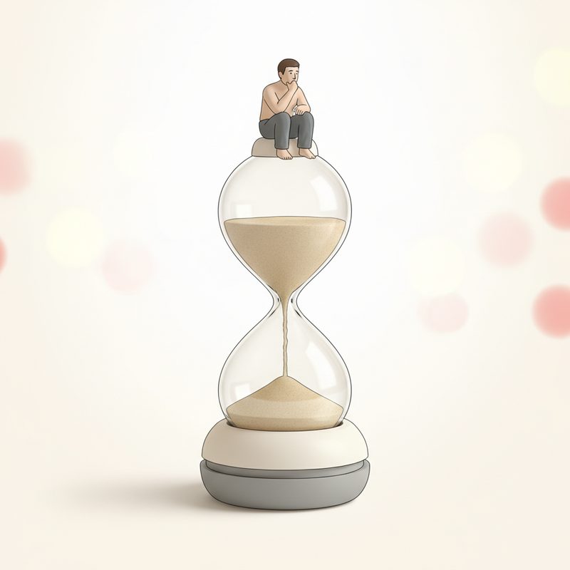 Representative sand timer with a seated figure design on a bathroom shelf