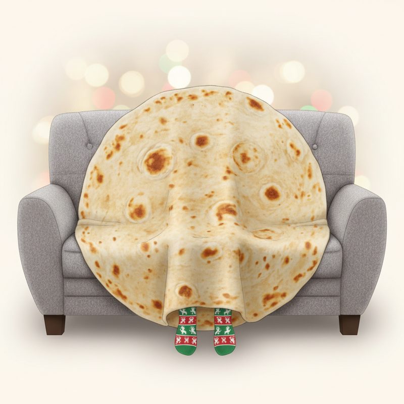 Representative round tortilla-print blanket rolled up on a couch