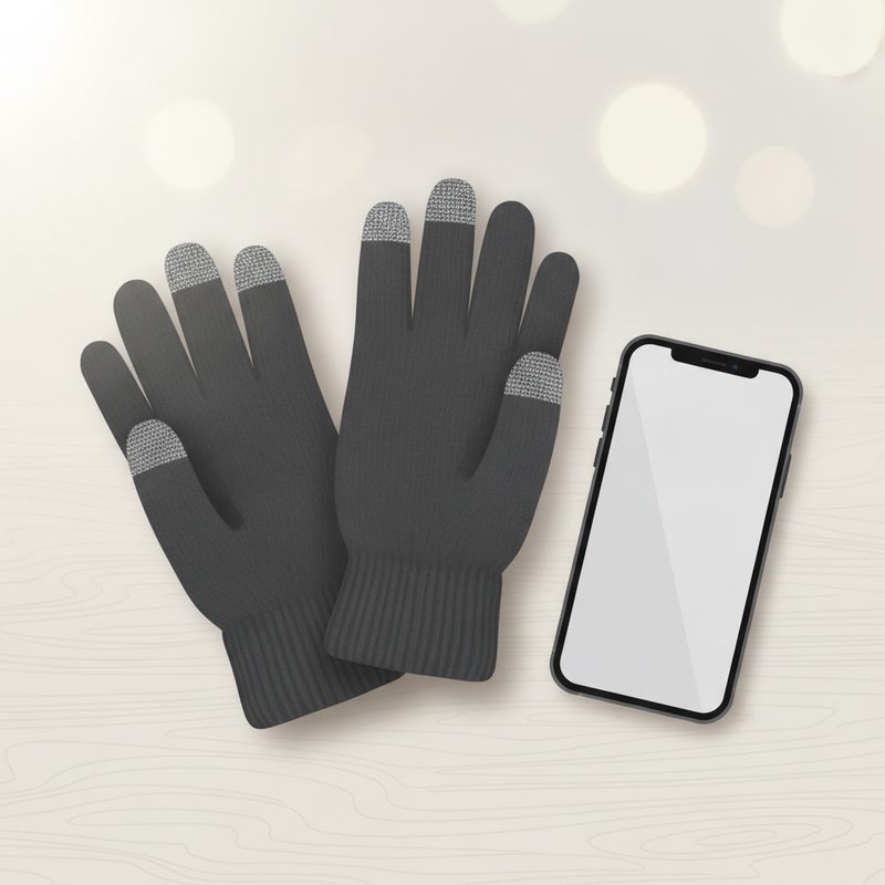 Representative knit winter gloves with touchscreen fingertips beside a phone