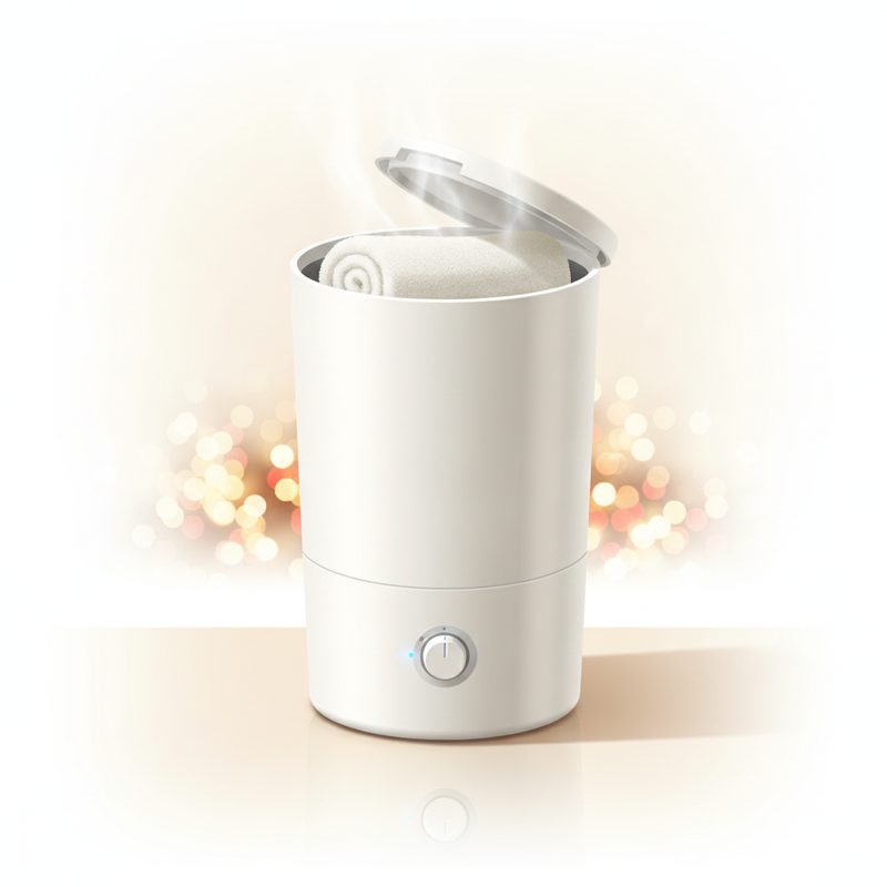 Representative bucket-style towel warmer with a rolled white towel inside the lid