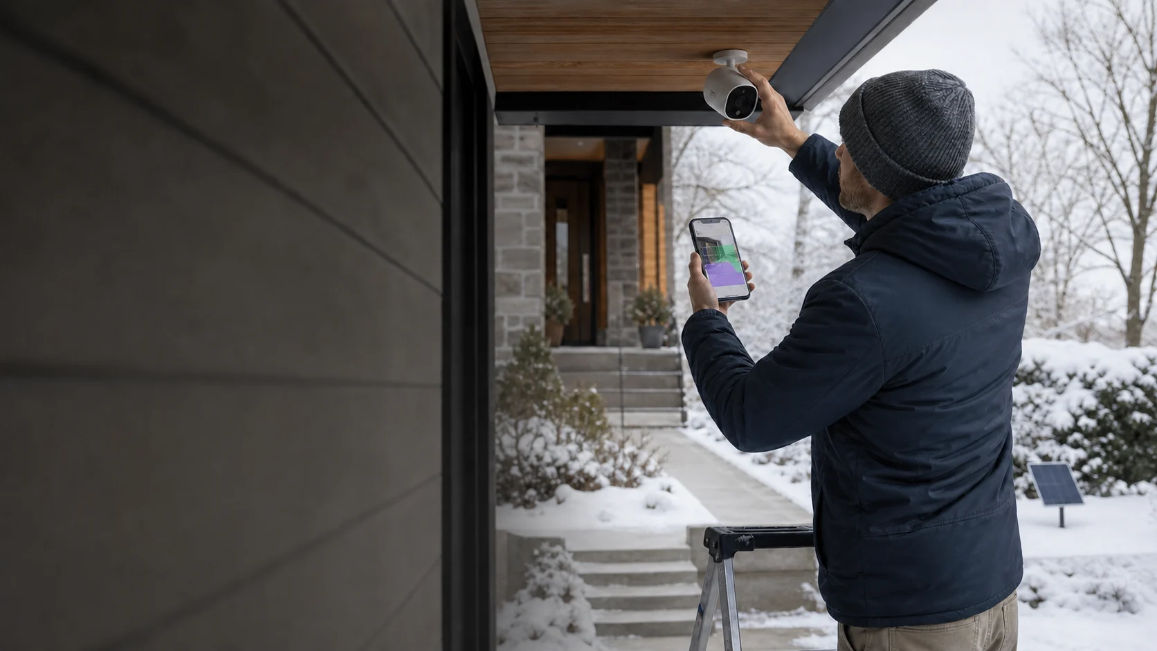 Representative wire-free security camera being aimed over a snowy front walkway