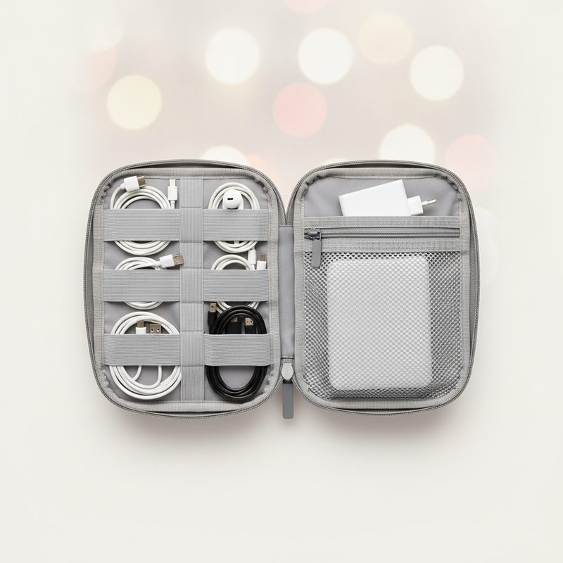 Representative open cable organizer pouch with cords held by elastic loops