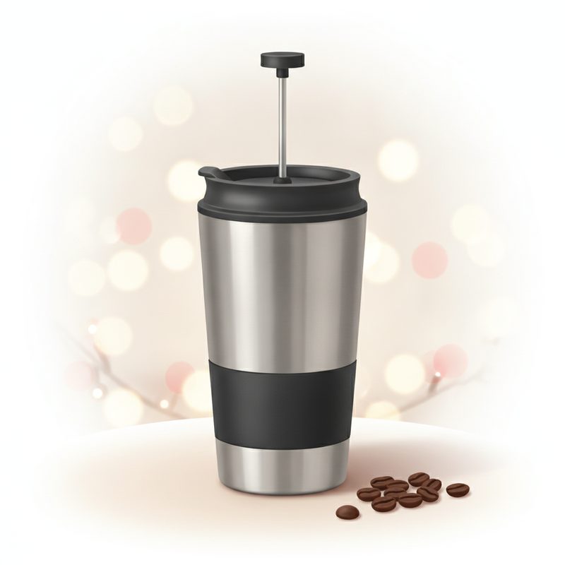 Representative insulated travel mug with a built-in press plunger