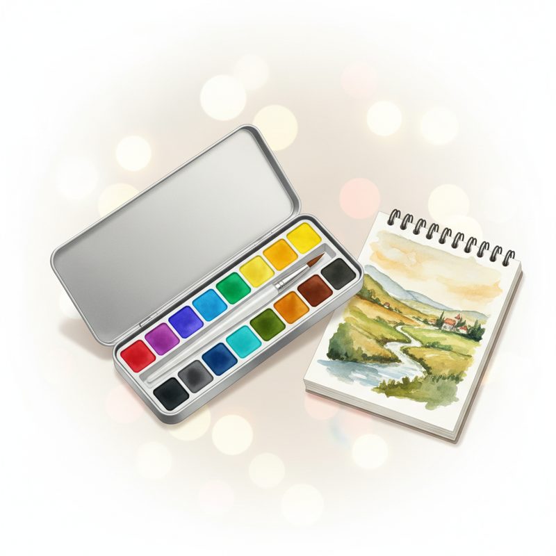 Representative compact watercolour palette open beside a small sketchbook and brush