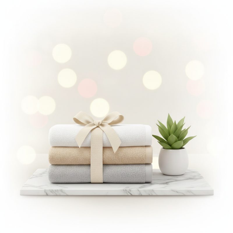 Representative stack of folded Turkish cotton towels in neutral tones
