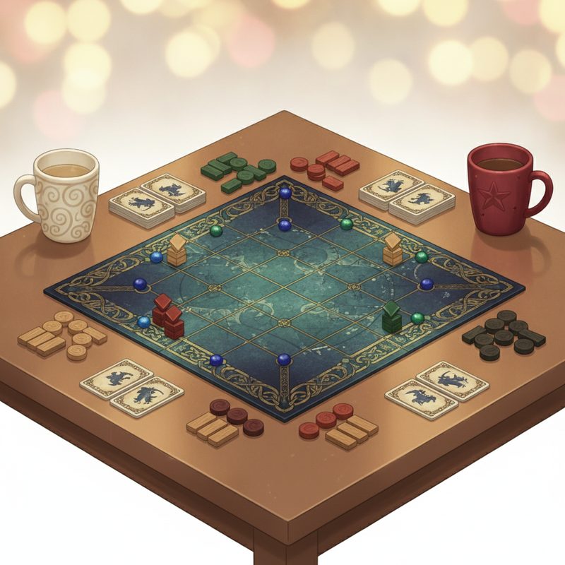 Representative two-player board game set up mid-match on a kitchen table