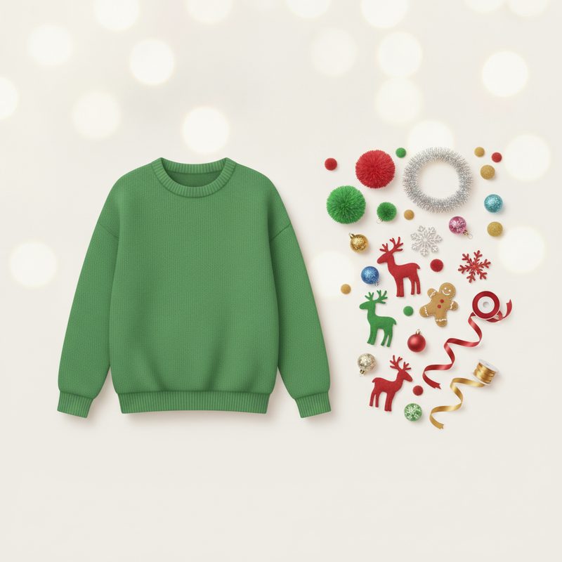 Representative craft kit of pom-poms, tinsel, and mini ornaments beside a plain sweater