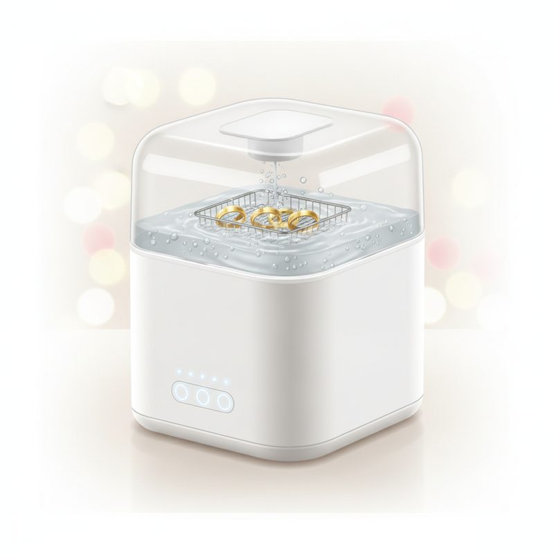 Representative compact white ultrasonic cleaner with rings sparkling in its water basket