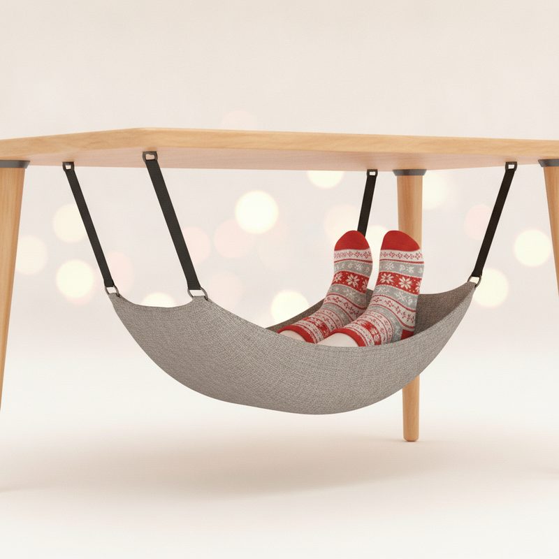 Representative fabric foot hammock slung beneath a desk with feet resting in it