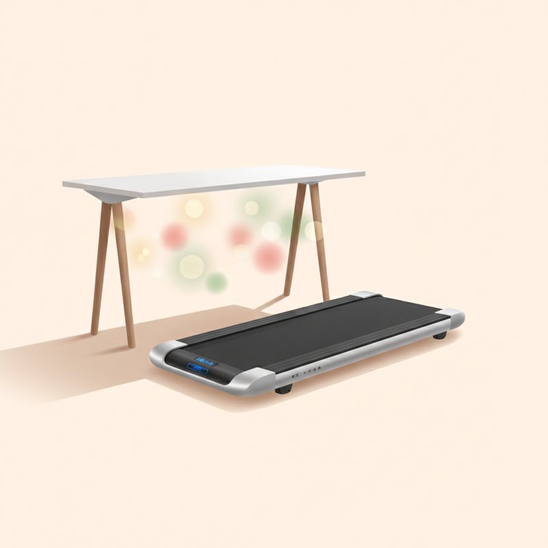 Representative slim walking pad set up beneath a standing desk in a home office
