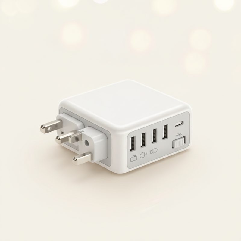 Representative universal travel adapter with sliding plugs and USB ports on a hotel desk