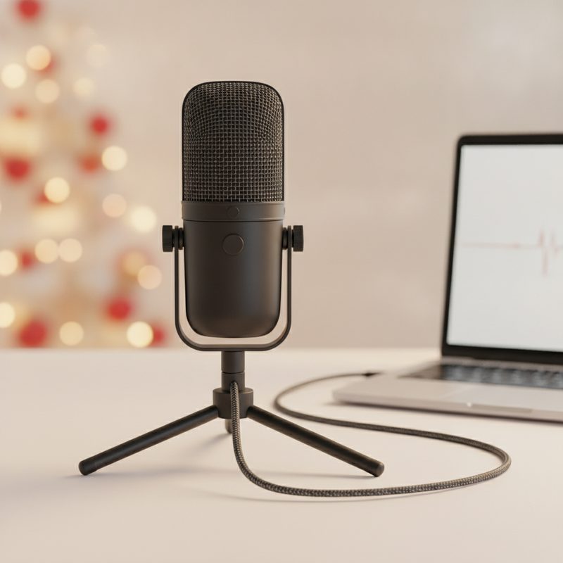 Representative USB microphone on a desk stand beside a laptop