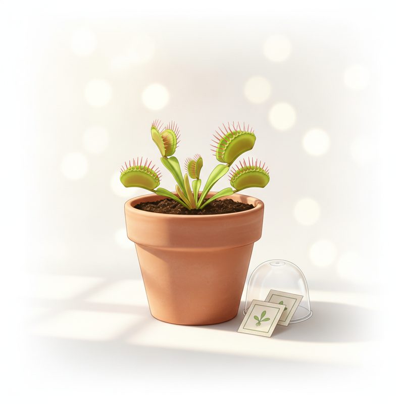 Representative small venus flytrap plant with open traps in a windowsill pot