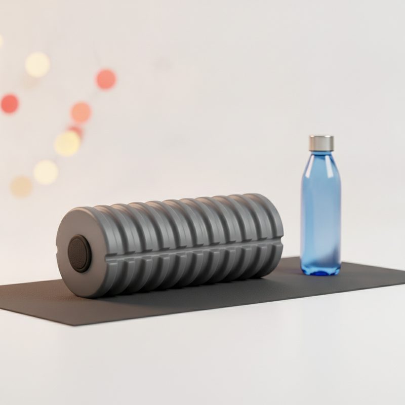 Representative textured foam roller with control button on a workout mat