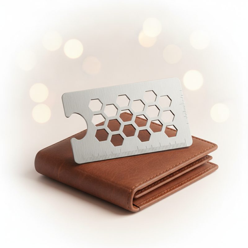 Representative stainless multitool card resting on a leather wallet