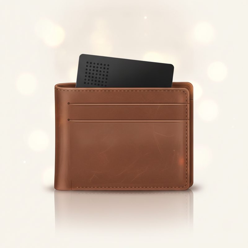 Representative slim tracking card sliding into a leather wallet card slot