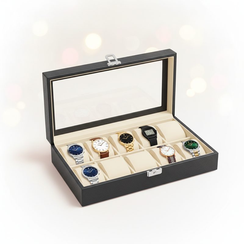 Representative watch box with a glass lid and cushioned slots holding wristwatches