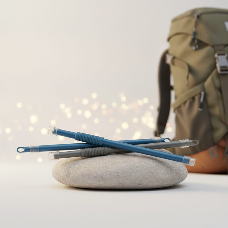 Representative pair of portable water filter straws laid out beside a hiking pack