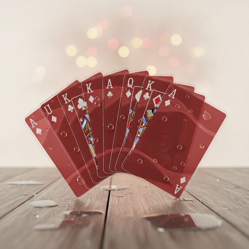 Representative deck of plastic playing cards fanned out beside water droplets