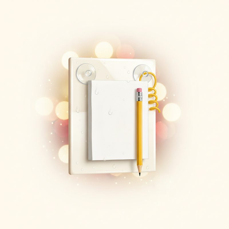 Representative waterproof notepad and pencil suction-mounted to shower tile