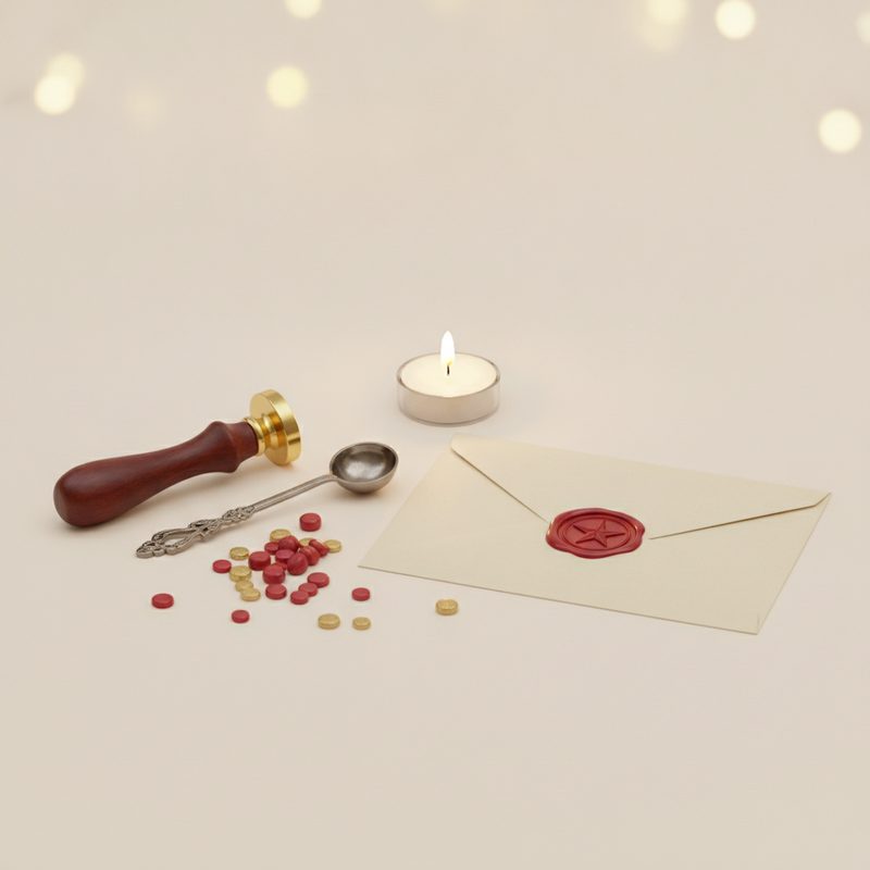 Representative wax seal stamp with melting spoon and coloured wax beads on a desk