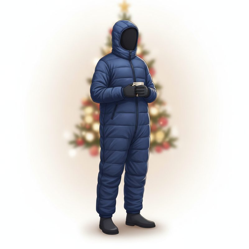 Representative person walking around a campsite in a full-body sleeping bag suit