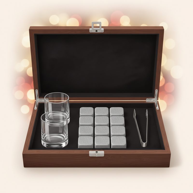 Representative boxed set of chilling stones with tumbler glasses