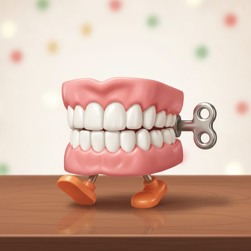 Representative wind-up chattering teeth toy mid-clatter on a wooden table